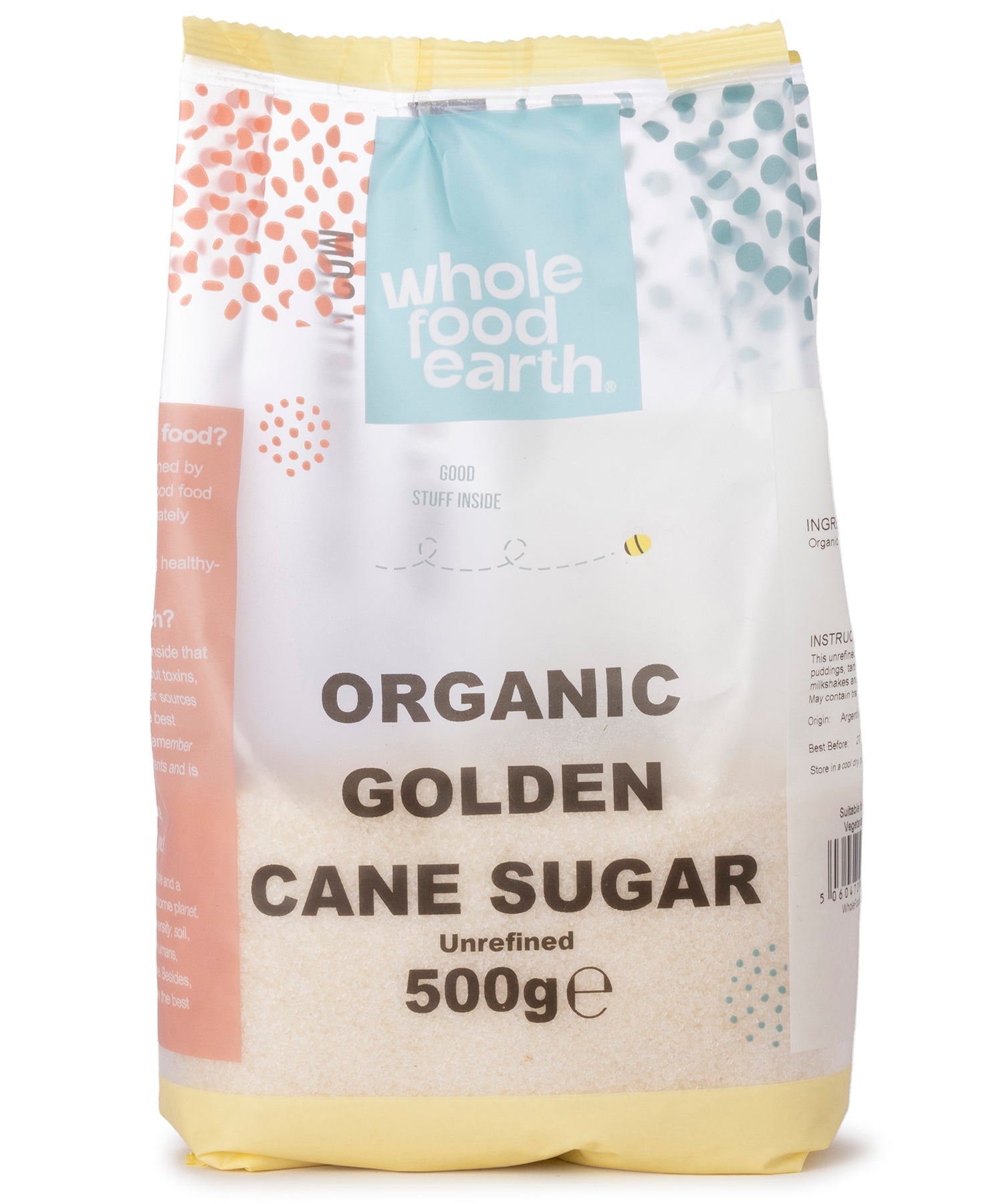 Organic golden cane sugar in a 500g package from Whole Food Earth, showing the natural golden color and crystalline texture.
