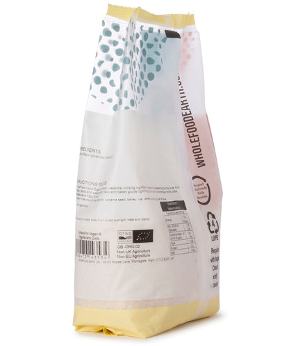Organic golden cane sugar from Whole Food Earth, showing a 500g bag of natural sweetener with golden crystals.