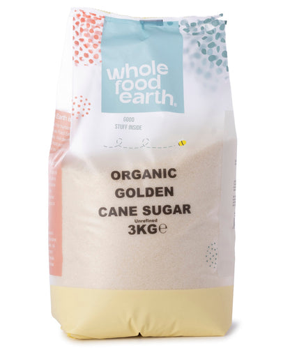 Organic Golden Cane Sugar from Whole Food Earth, a close-up of 3kg bag showing golden, crystalline sugar grains.