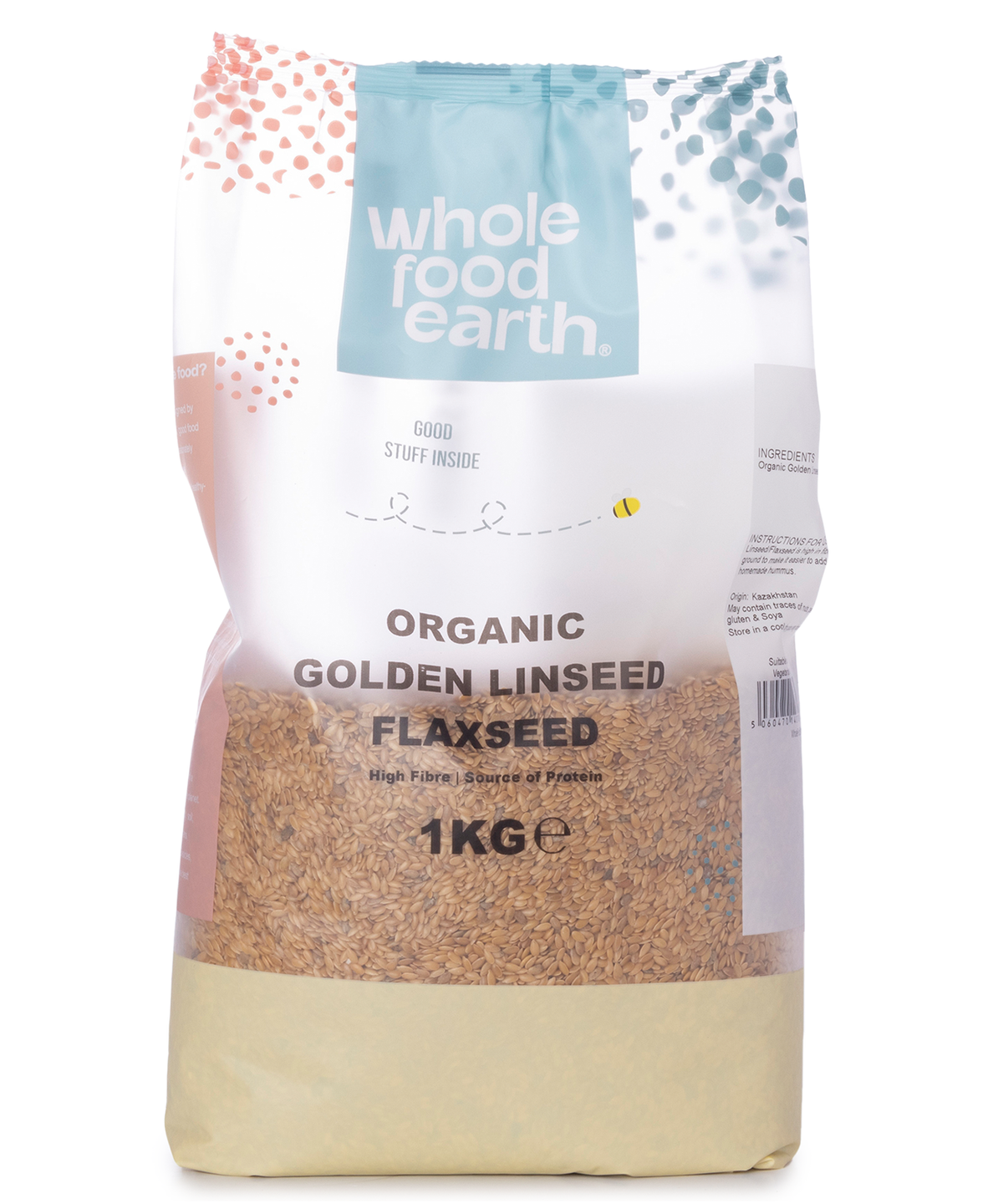Organic golden flaxseed beans from Whole Food Earth, showing a clear bag of shiny, golden-brown flaxseeds on a white background.