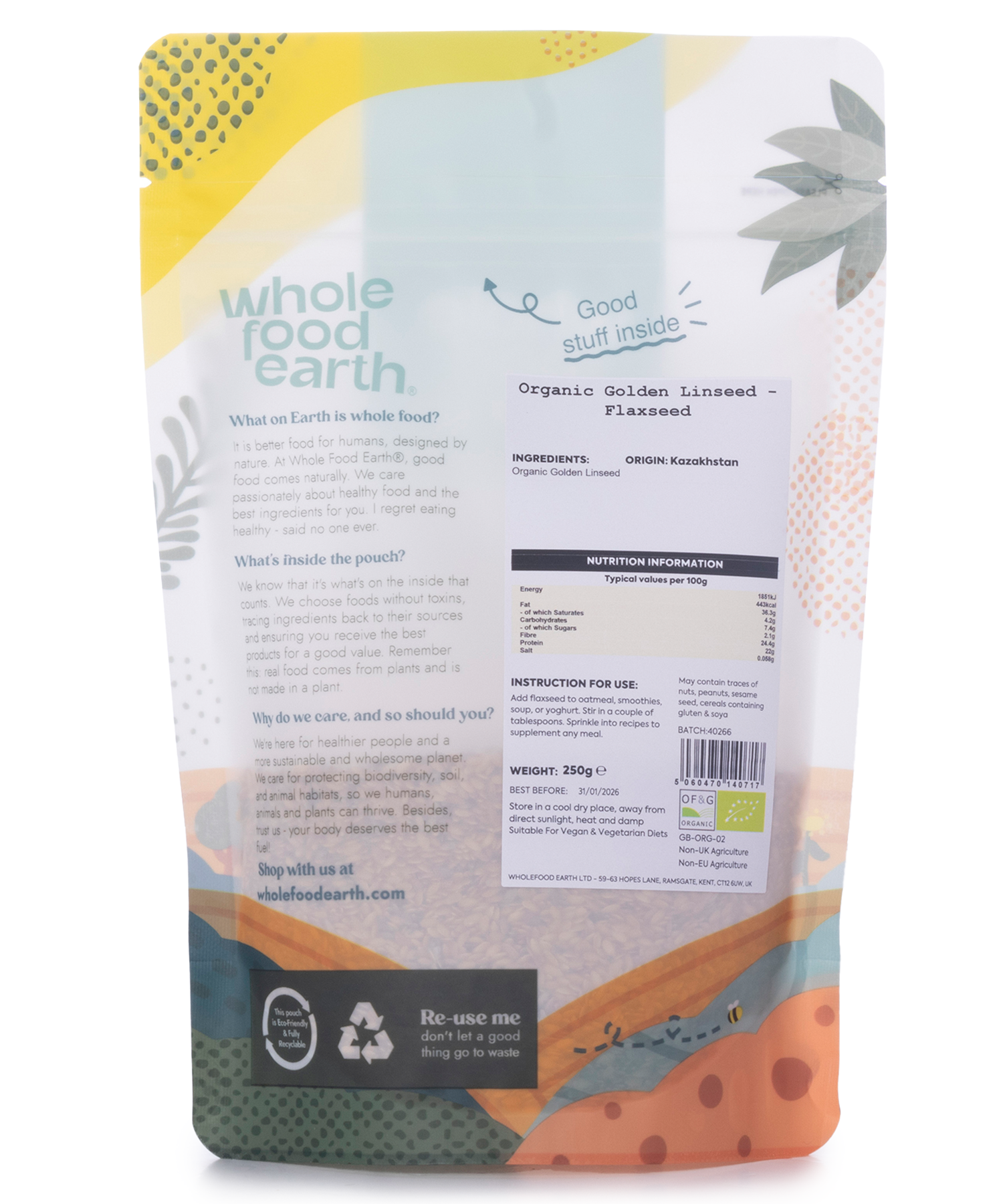 Organic golden flaxseed in a 250g package by Whole Food Earth, showing the small, golden-brown seeds in a clear container.