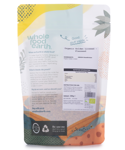 Organic golden flaxseed in a 250g package by Whole Food Earth, showing the small, golden-brown seeds in a clear container.