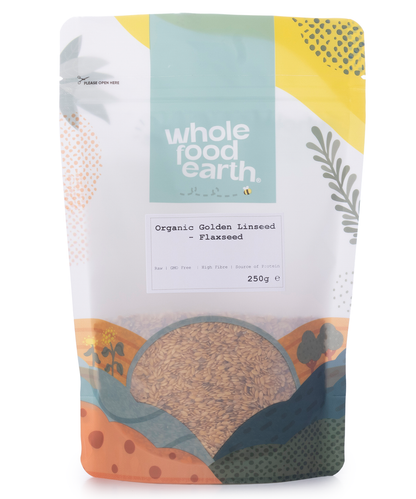 Organic Golden Flaxseed from Whole Food Earth, 250g, showing golden-colored flaxseeds in a clear bag.