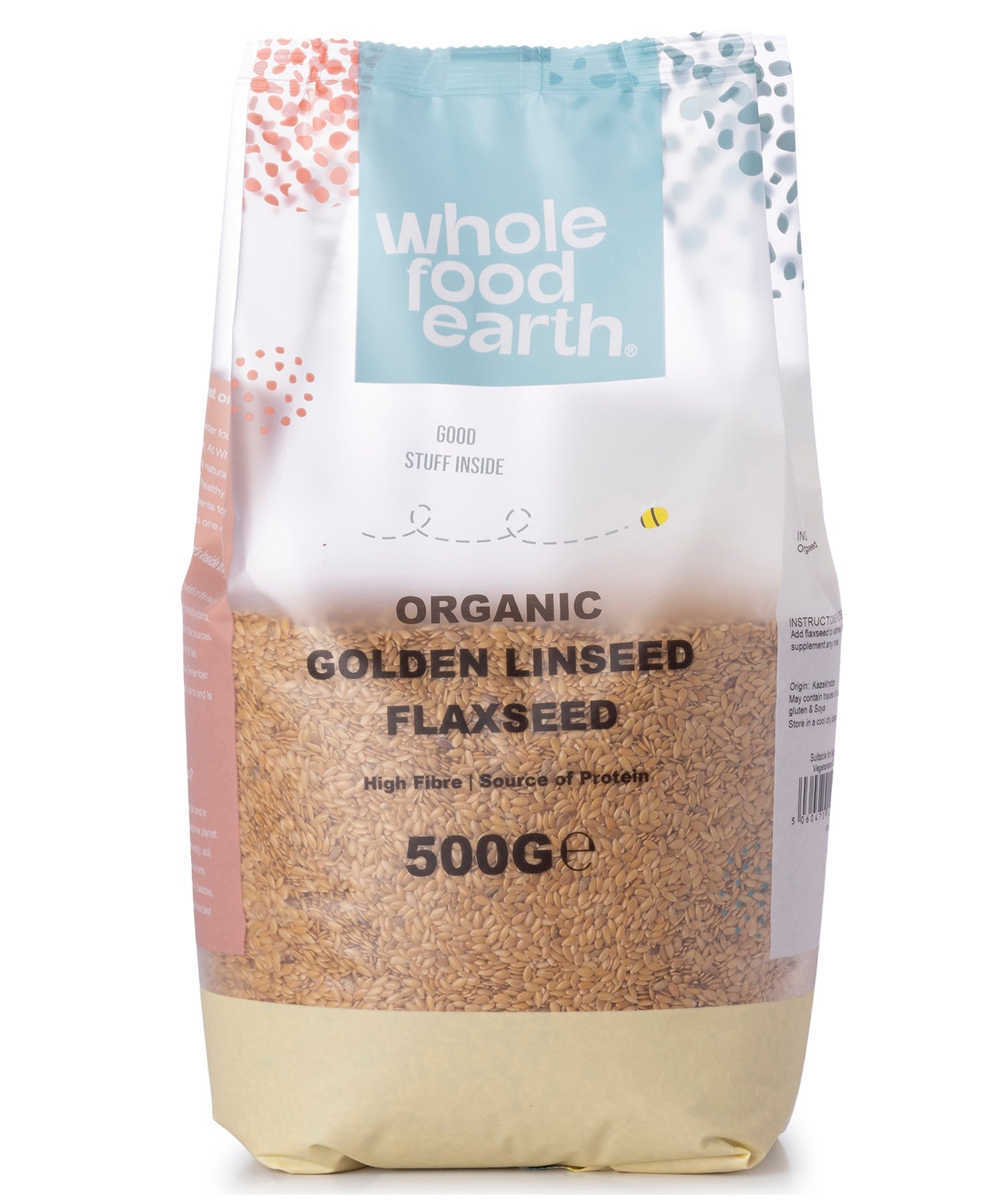 Organic golden flaxseed beans from Whole Food Earth, 500g package, showing small, golden-brown seeds in a clear container.