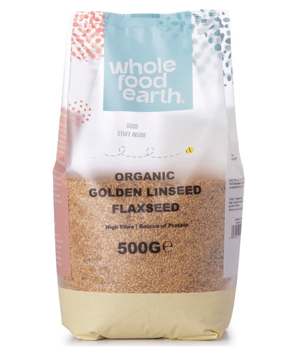 Organic golden flaxseed beans from Whole Food Earth, 500g package, showing small, golden-brown seeds in a clear container.
