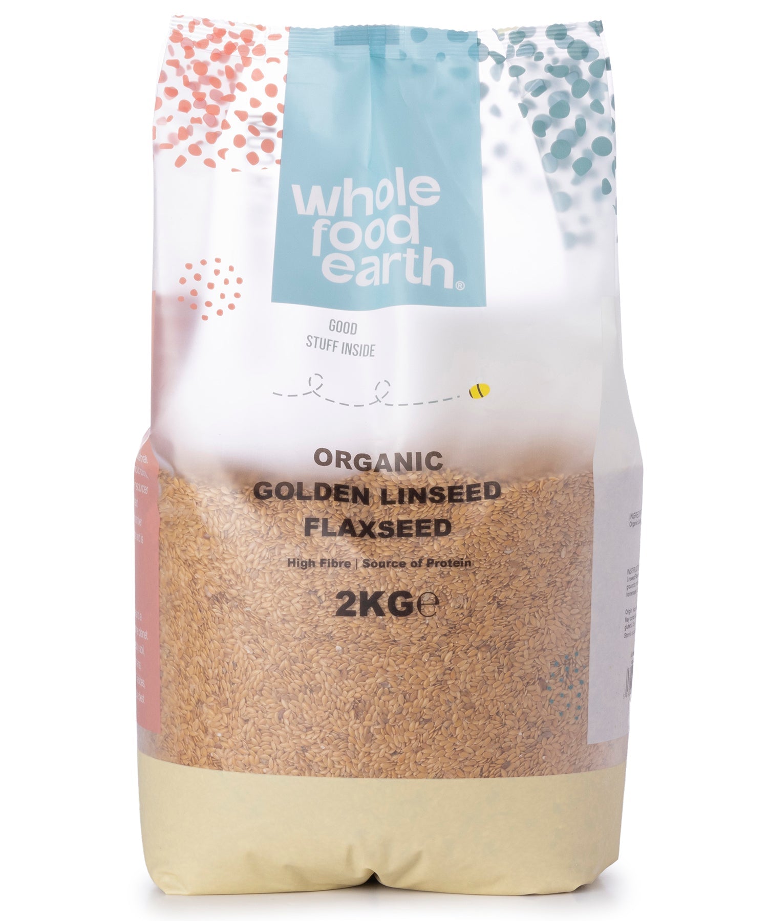 Organic golden flaxseed beans from Whole Food Earth, showing fresh, whole flaxseeds in a clear view of the 2kg package.