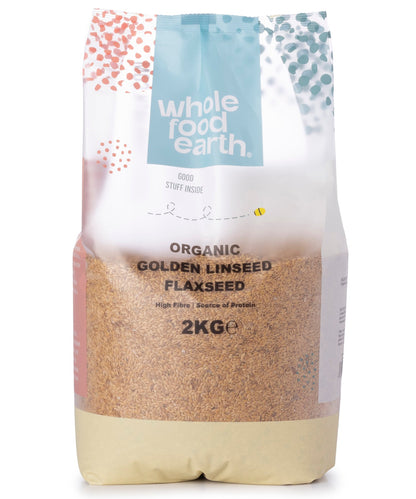 Organic golden flaxseed beans from Whole Food Earth, showing fresh, whole flaxseeds in a clear view of the 2kg package.