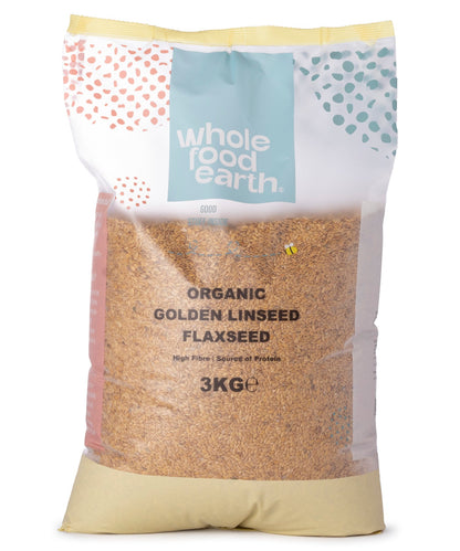 Organic golden flaxseed beans from Whole Food Earth, showing small, golden-brown seeds in a clear container.