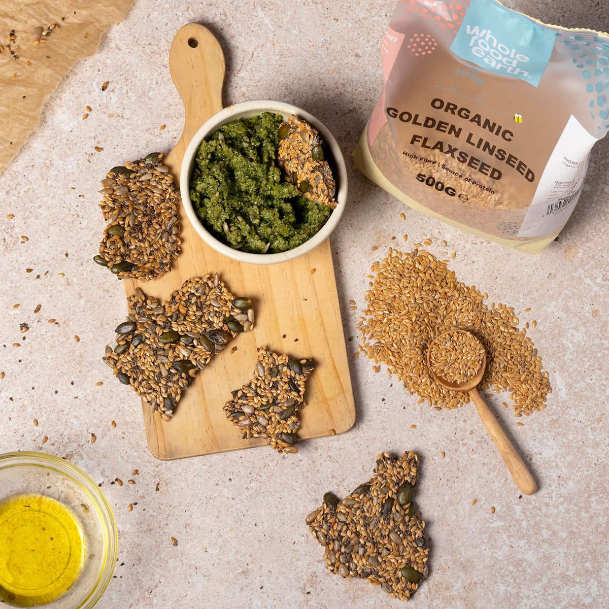 Organic Golden Linseed (Flaxseed) from Whole Food Earth, showing a close-up of the nutritious seeds in a bowl.