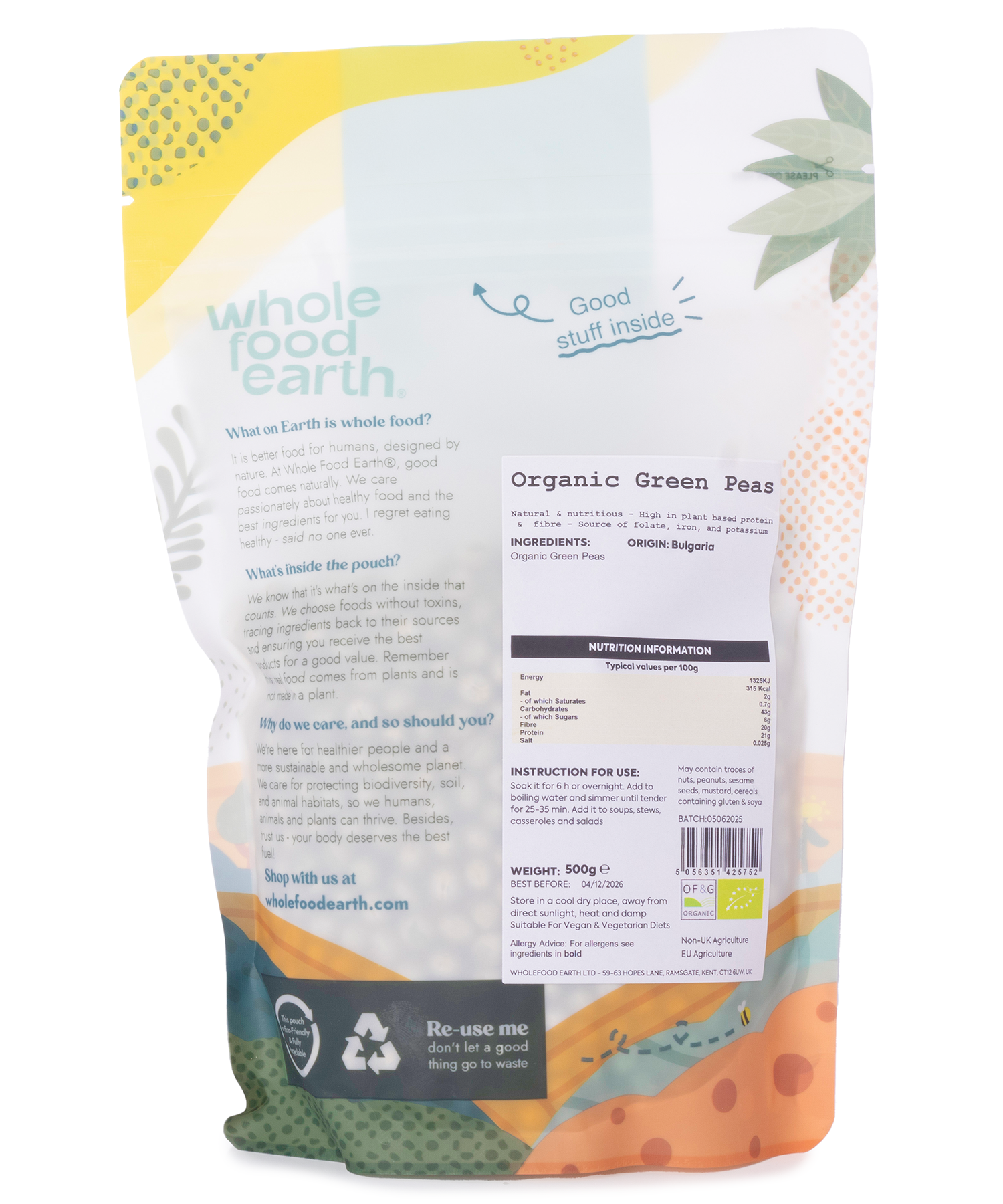 Organic green peas from Whole Food Earth, fresh and vibrant in a 500g package, ideal for healthy beans and pulses.
