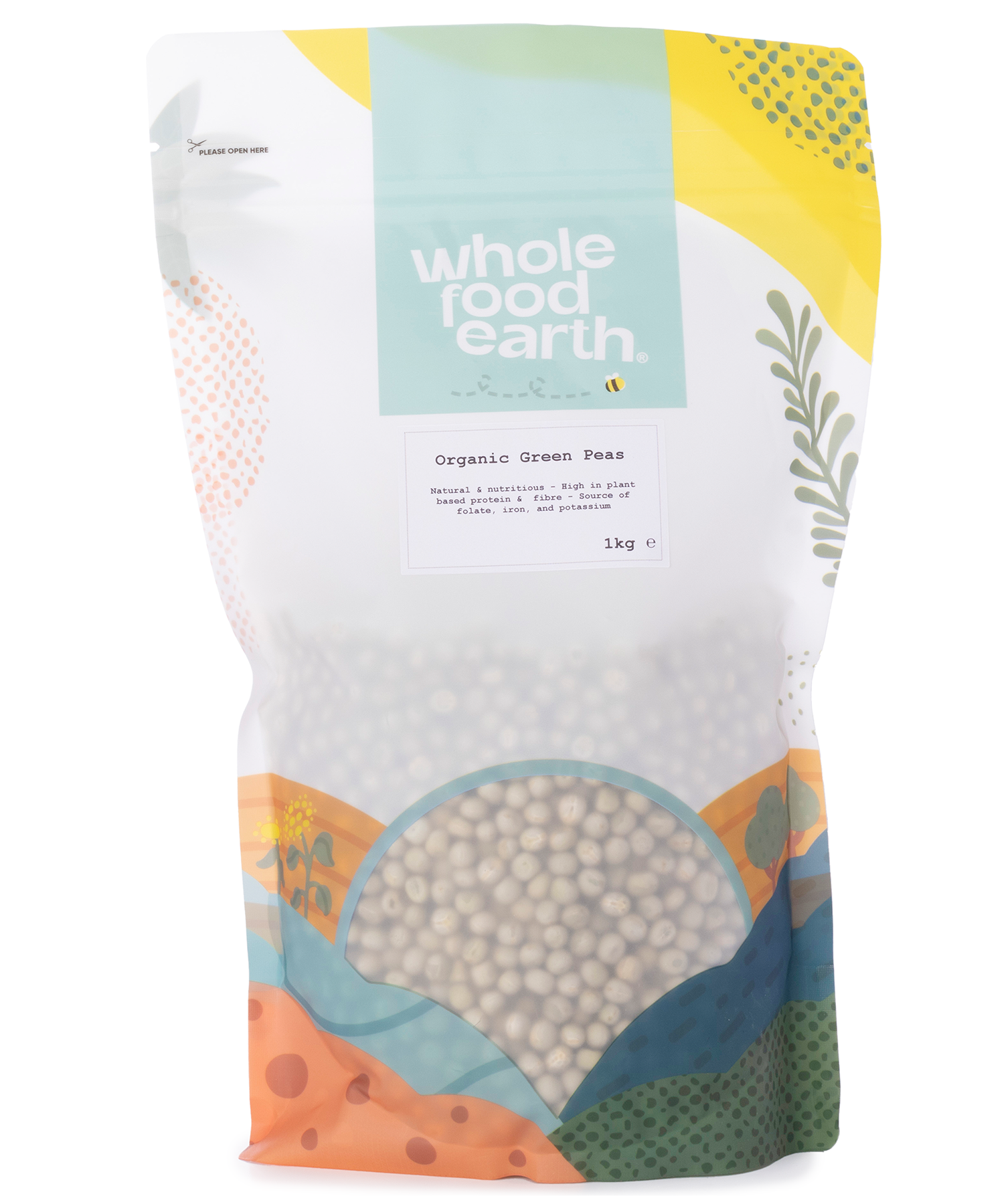 Organic green peas from Whole Food Earth, fresh and vibrant in a 1kg package, perfect for healthy meals and cooking.