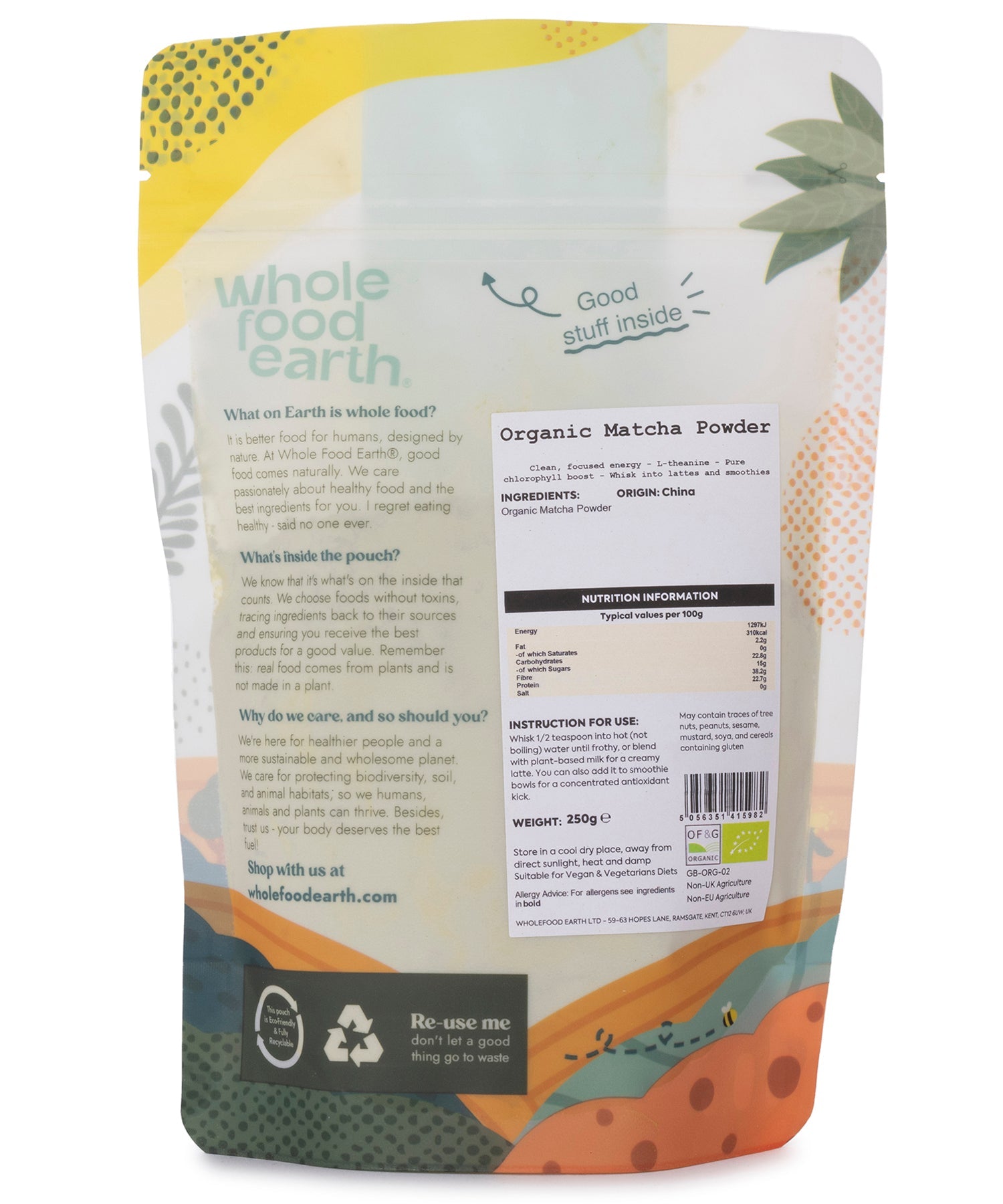 Organic green tea matcha powder in a 250g package, vibrant green herbs and spices from Whole Food Earth.