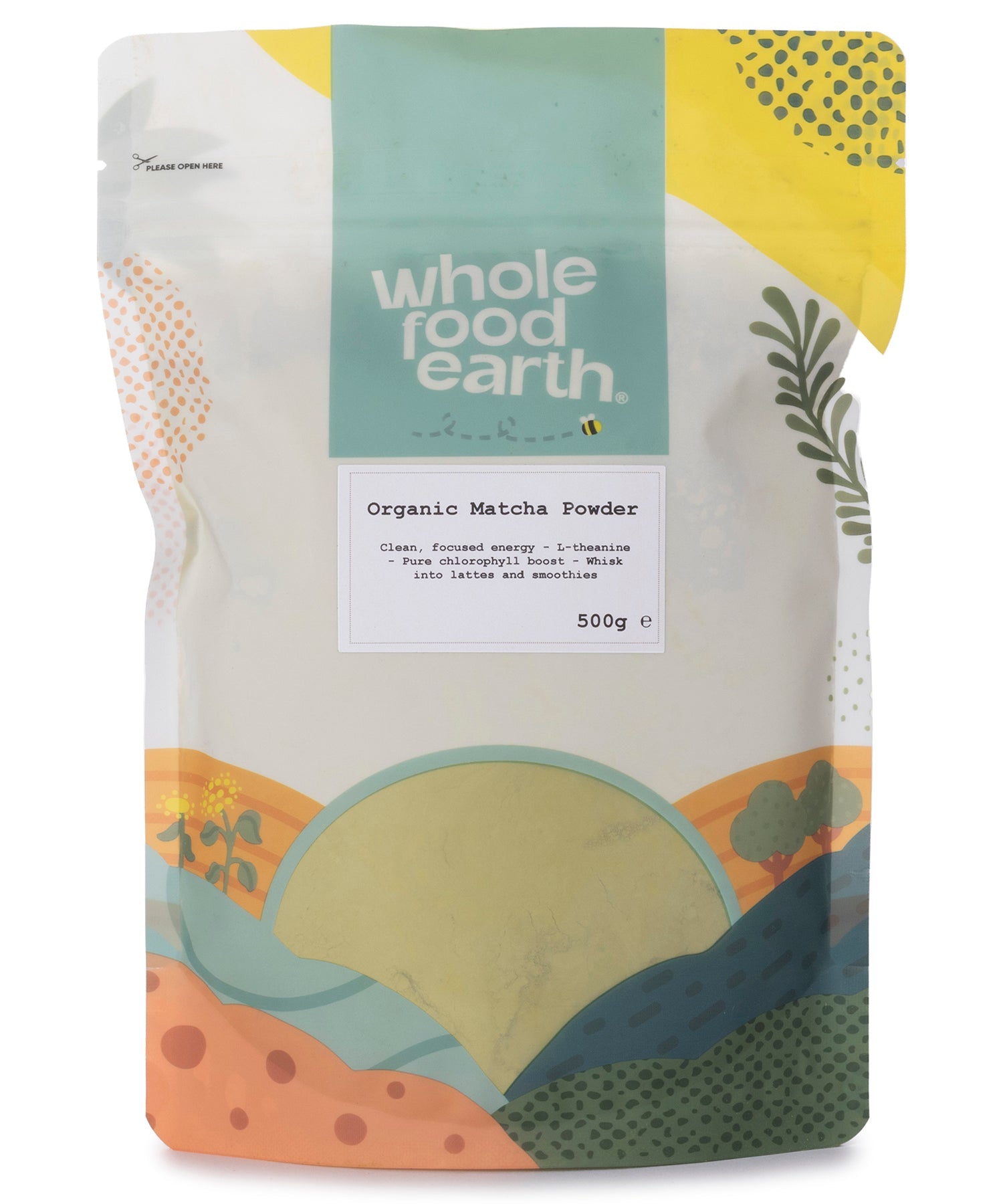 Organic green tea matcha powder from Whole Food Earth, vibrant green powdered herb for tea and cooking, 500g.