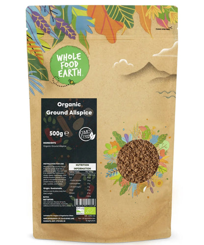 Organic ground allspice from Whole Food Earth, a 500g package of organic herbs and spices with finely ground allspice.