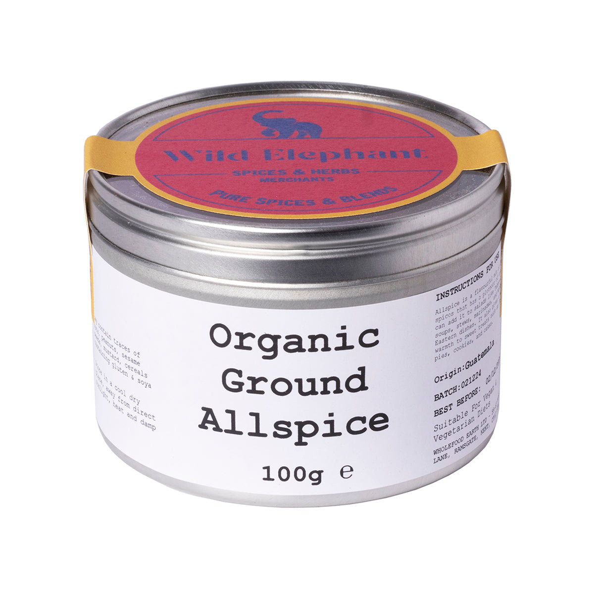 Organic ground allspice from Wild Elephant, 100g jar, natural herbs and spices for cooking and baking.