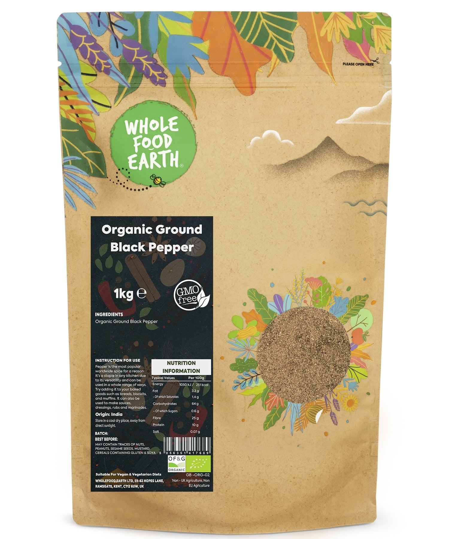 Organic ground black pepper in a 1kg package by Whole Food Earth, showing fresh black peppercorns ready for grinding.