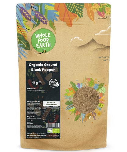 Organic ground black pepper in a 1kg package by Whole Food Earth, showing fresh black peppercorns ready for grinding.