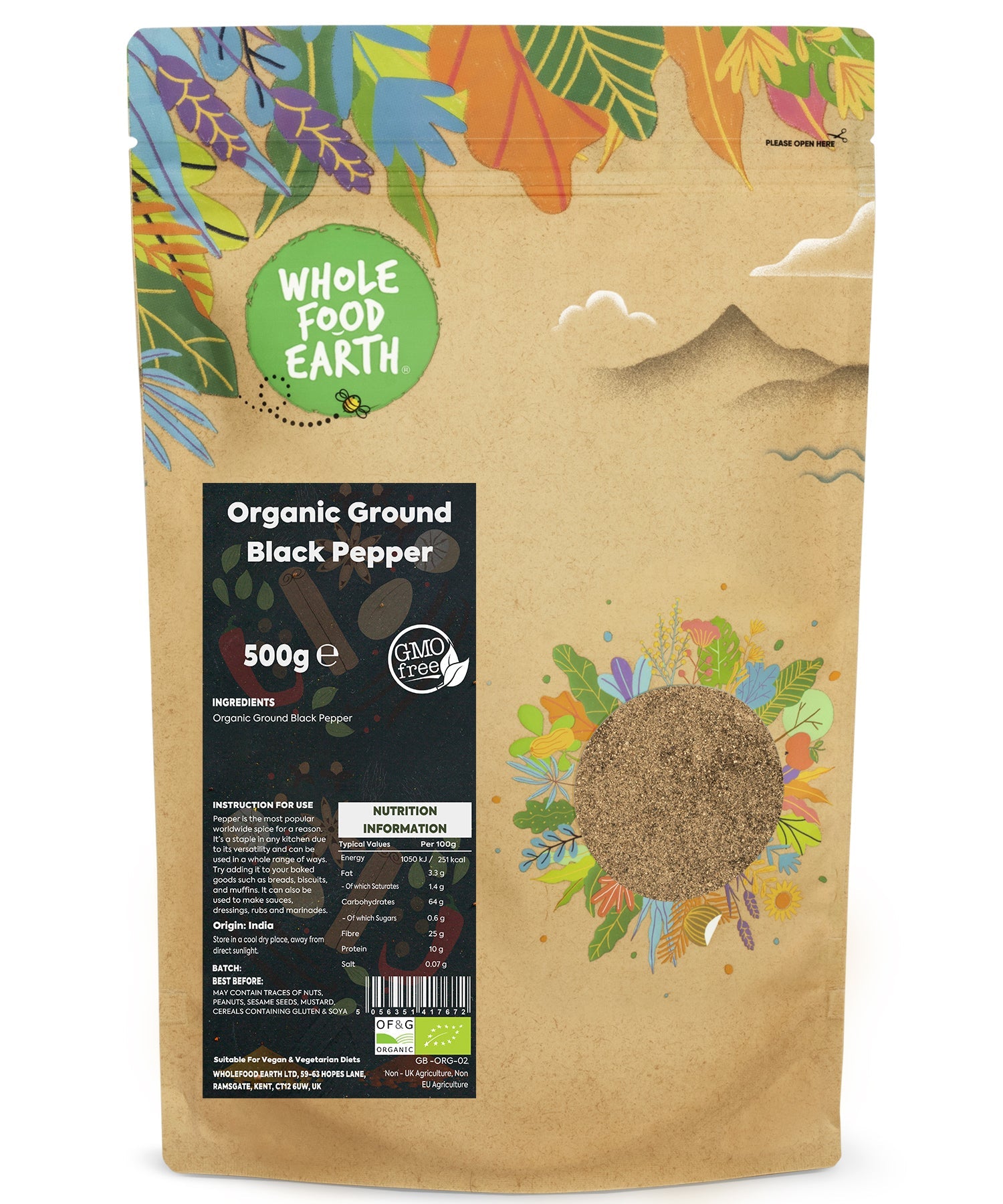 Organic ground black pepper in a 500g jar from Whole Food Earth, showing fresh black peppercorns ready for grinding.