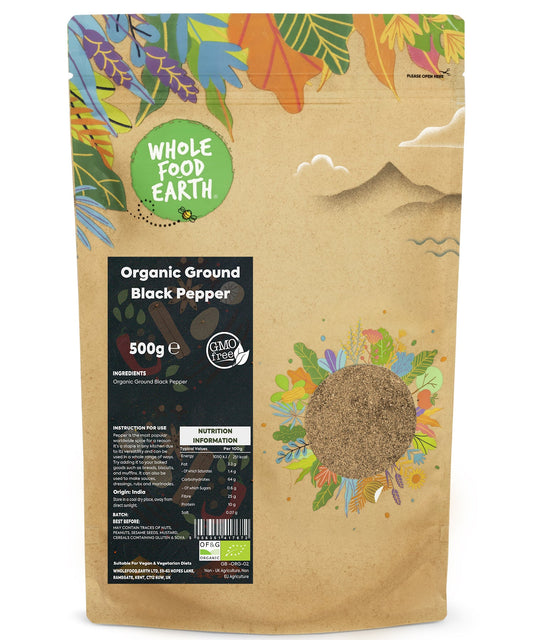 Organic ground black pepper in a 500g jar from Whole Food Earth, showing fresh black peppercorns ready for grinding.