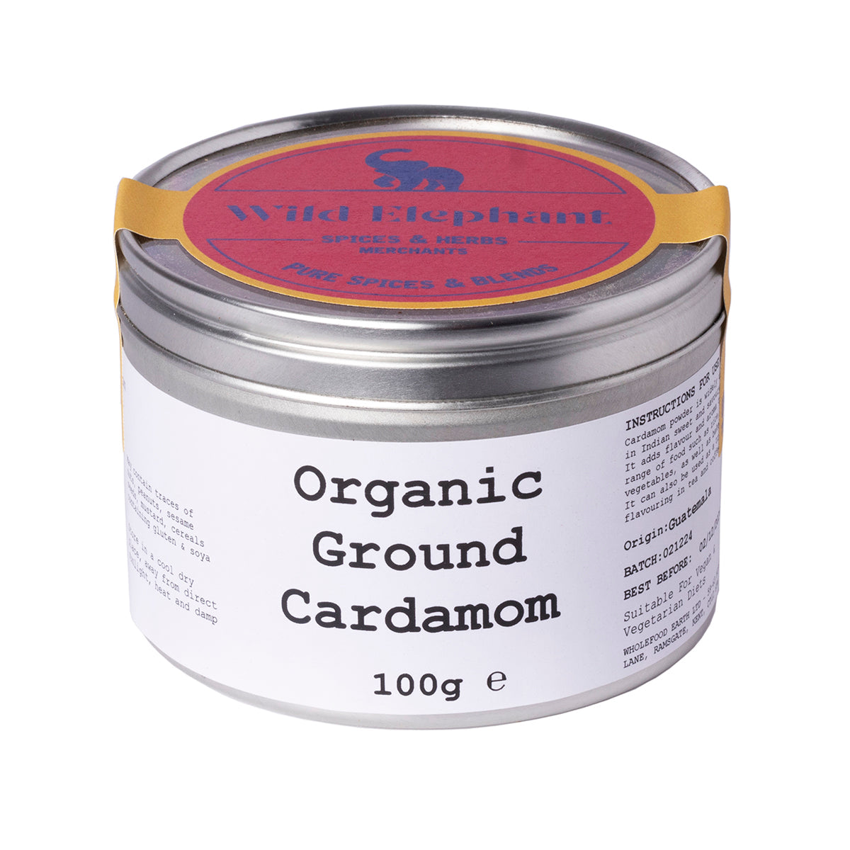 Organic ground cardamom from Wild Elephant in a 100g package, shown in a clear spice jar with a label on a wooden surface.