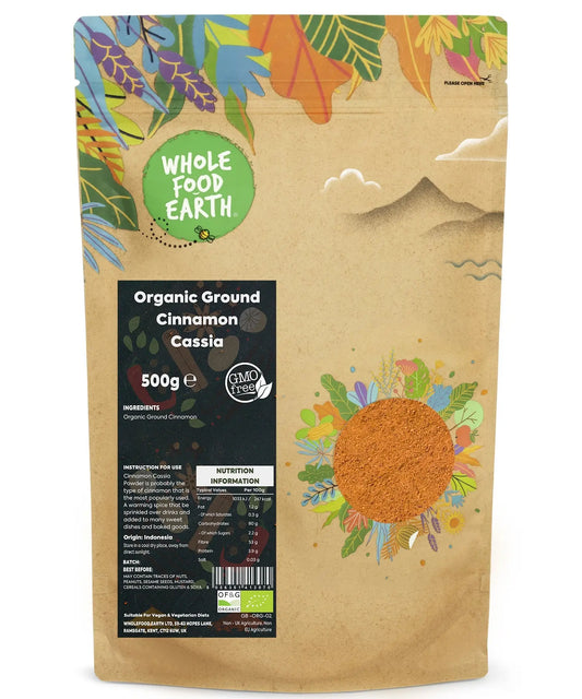 Organic ground cinnamon cassia from Whole Food Earth, 500g jar, showing the aromatic spice in a clear container.