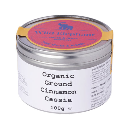 Organic ground cinnamon cassia from Wild Elephant, a natural herb and spice in a clear jar, highlighting its rich brown powder.