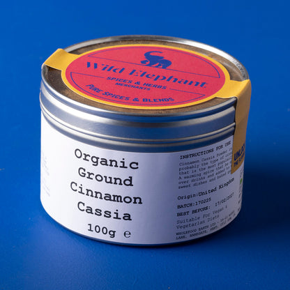 Organic ground cinnamon cassia from Whole Food Earth, showcasing a jar of aromatic, organic herbs and spices for culinary use.