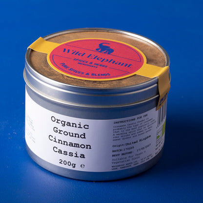 Organic ground cinnamon cassia from Wild Elephant, a natural herb and spice with warm brown powder, used for baking and flavoring.