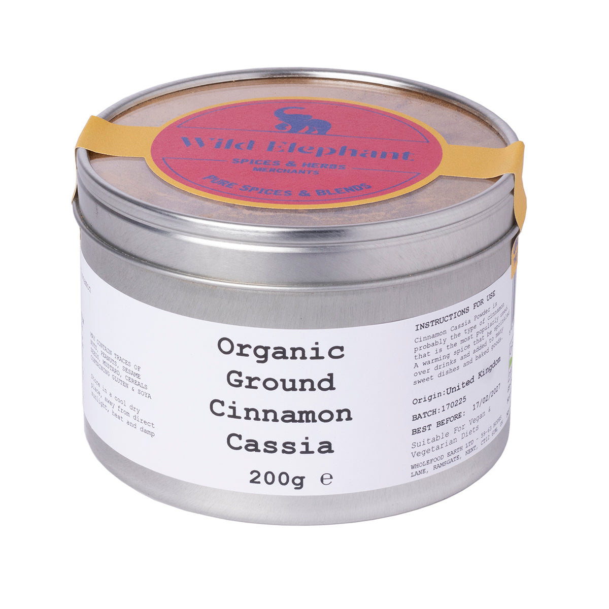 Organic ground cinnamon cassia from Wild Elephant, a natural herb and spice in a glass jar, showcasing warm brown spice powder.