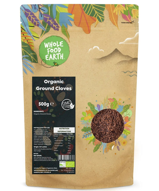 Organic ground cloves in a 500g package from Whole Food Earth, showing the dark, finely ground spice in a clear jar.