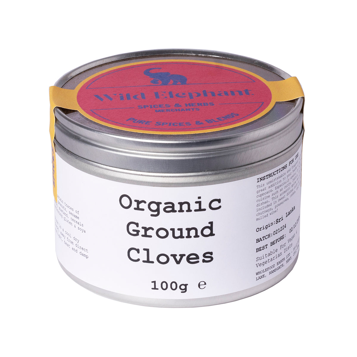 Organic ground cloves from Wild Elephant, 100g, herb and spice product featuring dark brown ground cloves in a clear container.