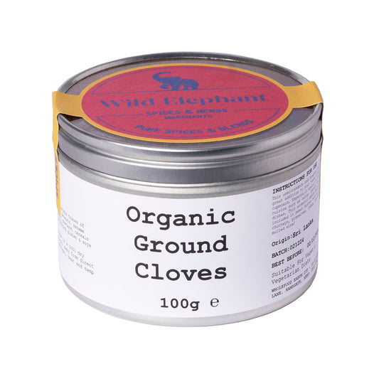 Organic ground cloves from Wild Elephant, 100g, herb and spice product featuring dark brown ground cloves in a clear container.