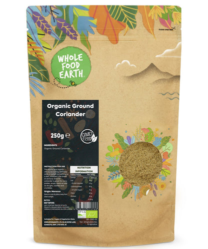 Organic ground coriander from Whole Food Earth, 250g jar, showing fresh, brown spice with textured surface in a clear container.
