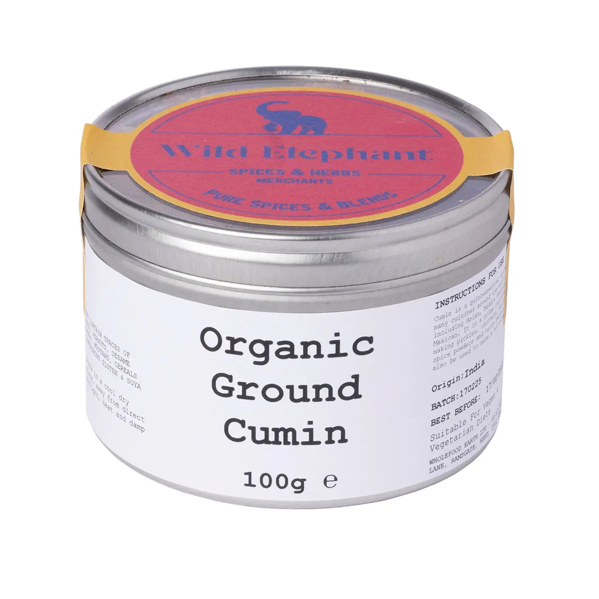 Organic ground cumin from Wild Elephant in a 100g package, showcasing fresh, aromatic cumin powder in a clear spice jar.