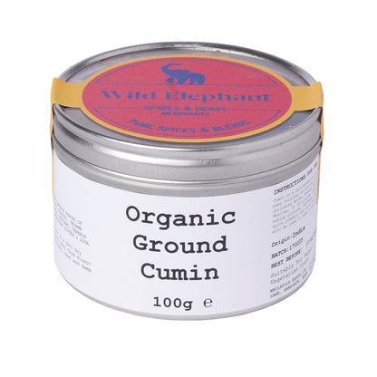Organic ground cumin from Wild Elephant in a 100g package, showcasing the earthy spice in a clear container.
