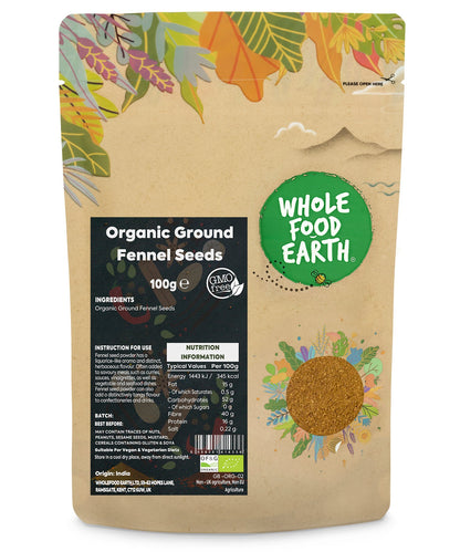 Organic ground fennel seeds from Whole Food Earth, 100g, showing bright yellowish-brown crushed fennel seeds for herbs and spices.