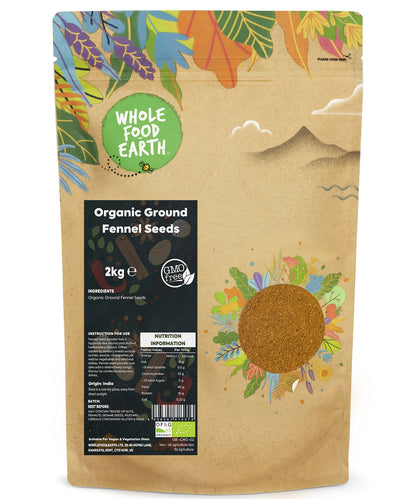 Organic ground fennel seeds from Whole Food Earth in a 2kg bag, showing finely ground, aromatic fennel spice for cooking.
