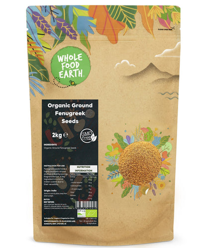 Organic ground fenugreek seeds from Whole Food Earth in a 2kg bag, showing the fine golden-brown spice in a natural setting.
