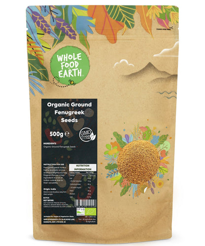 Organic ground fenugreek seeds in a 500g package, showing the herbal spice with a rich brown color and textured surface.