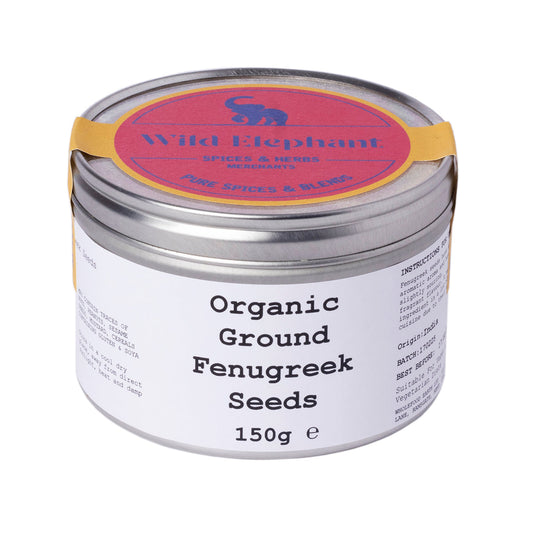Organic ground fenugreek seeds from Whole Food Earth, 150g, showing golden-brown herb spice in a clear jar.