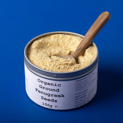 Organic ground fenugreek seeds from Whole Food Earth, wild-harvested herbs and spices, 150g package.