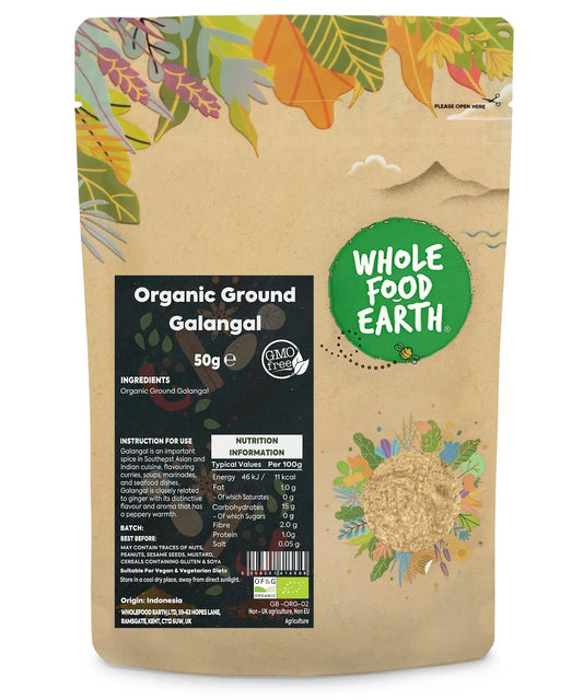 Organic Ground Galangal spice in a 50g package, showing finely ground fresh herb from Whole Food Earth.
