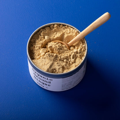 Organic ground ginger from Whole Food Earth, 100g, fresh herb and spice with grated ginger roots in a jar.