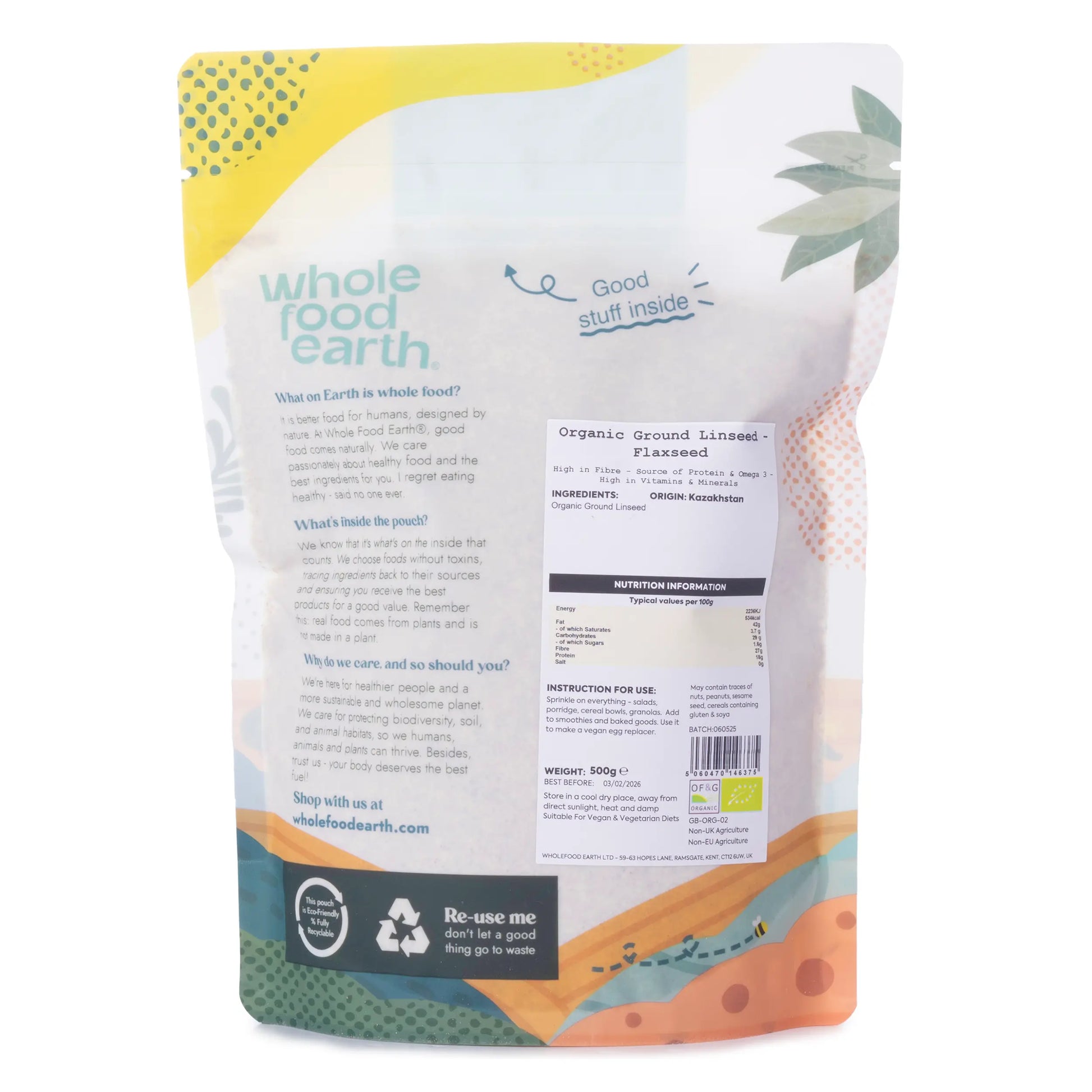 Organic ground flaxseed from Whole Food Earth, 500g pack, showing finely ground flaxseed in a clear container.