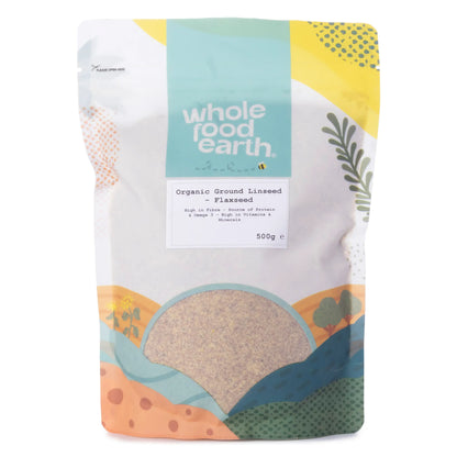 Organic ground flaxseed from Whole Food Earth, 500g package, showing finely ground golden flaxseed in a clear container.