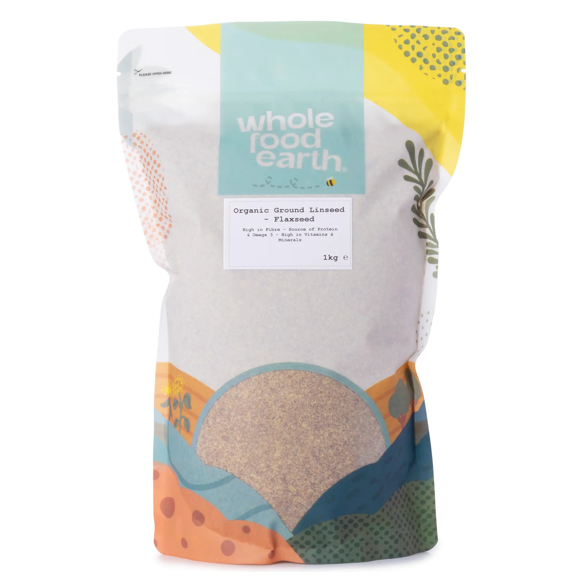 Organic ground flaxseed from Whole Food Earth, 1kg bag of organic ground linseed with a clear label and resealable packaging.