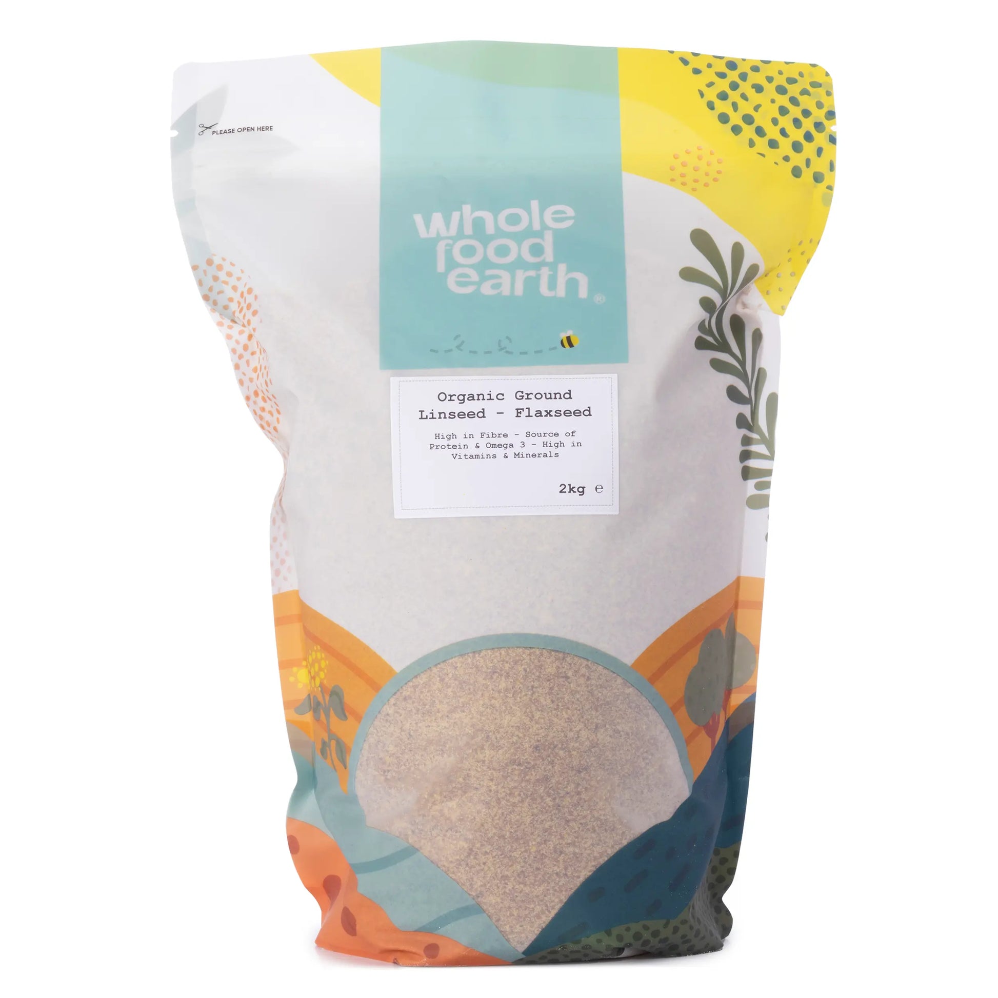 Organic ground flaxseed from Whole Food Earth, a 2kg bag of organic ground linseed, showing the flaxseeds in a clear container.