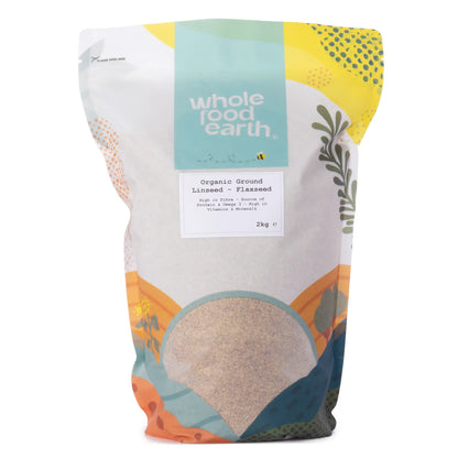 Organic ground flaxseed from Whole Food Earth, a 2kg bag of organic ground linseed, showing the flaxseeds in a clear container.