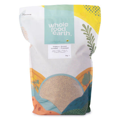 Organic ground flaxseed from Whole Food Earth in a 3kg bag, showing the finely ground, golden-brown flaxseed in a clear container.