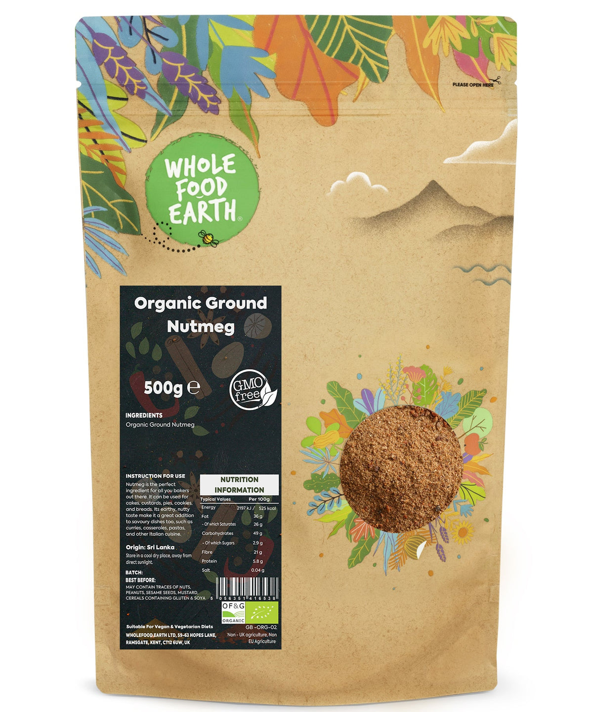 Organic ground nutmeg in a 500g jar from Whole Food Earth, showing finely ground spice with a warm brown color.